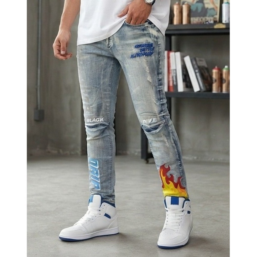 BLACK PIKE Painted Graffiti Flames Tapered Skinny Jeans Mens 36x32 Retro Graphic